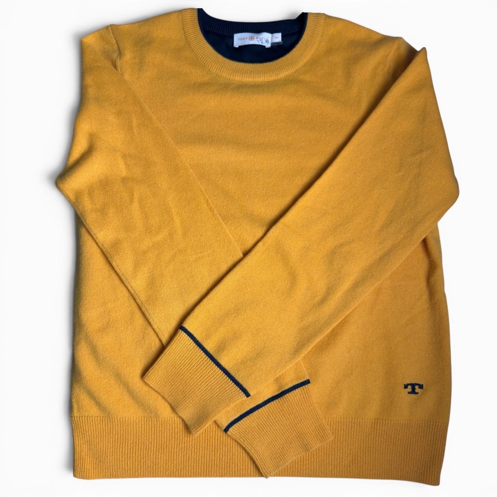 Tory Burch Cashmere Sweater Signature Gold Women Medium Preppy Logo Crewneck